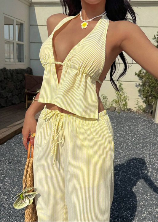 Conjunto Coastal Rayas – Halter y Pantalón Fluido