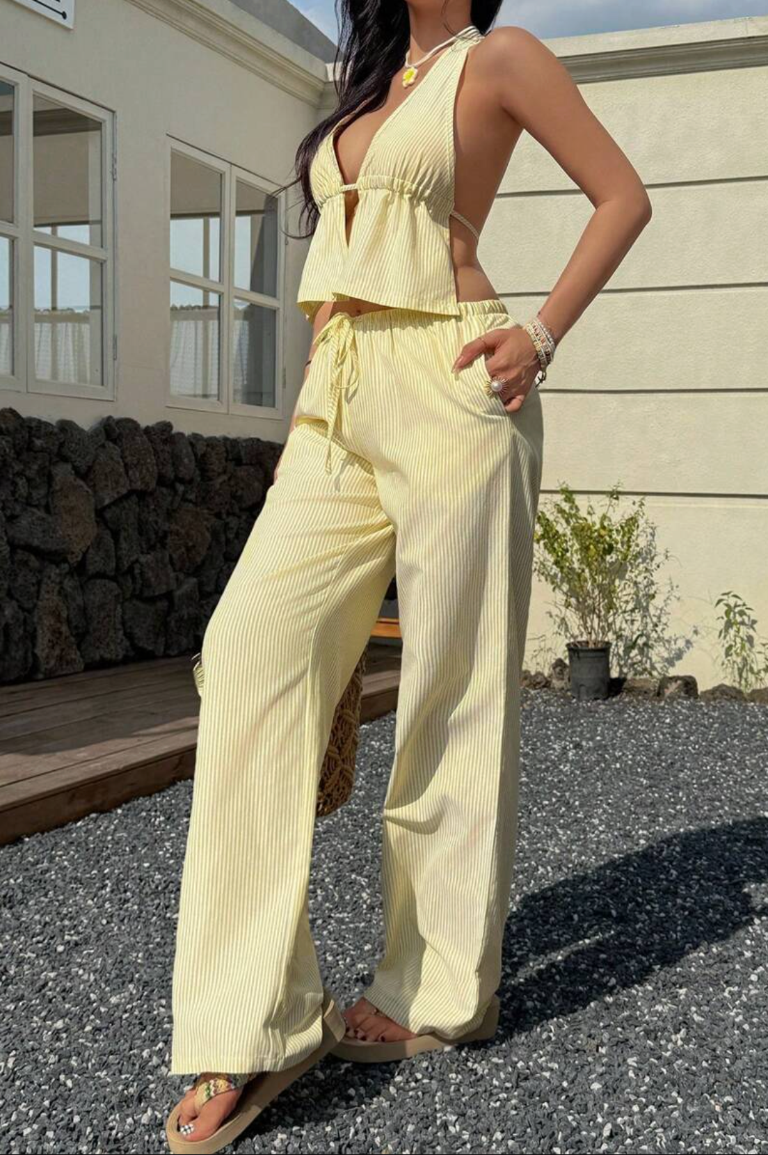 Conjunto Coastal Rayas – Halter y Pantalón Fluido