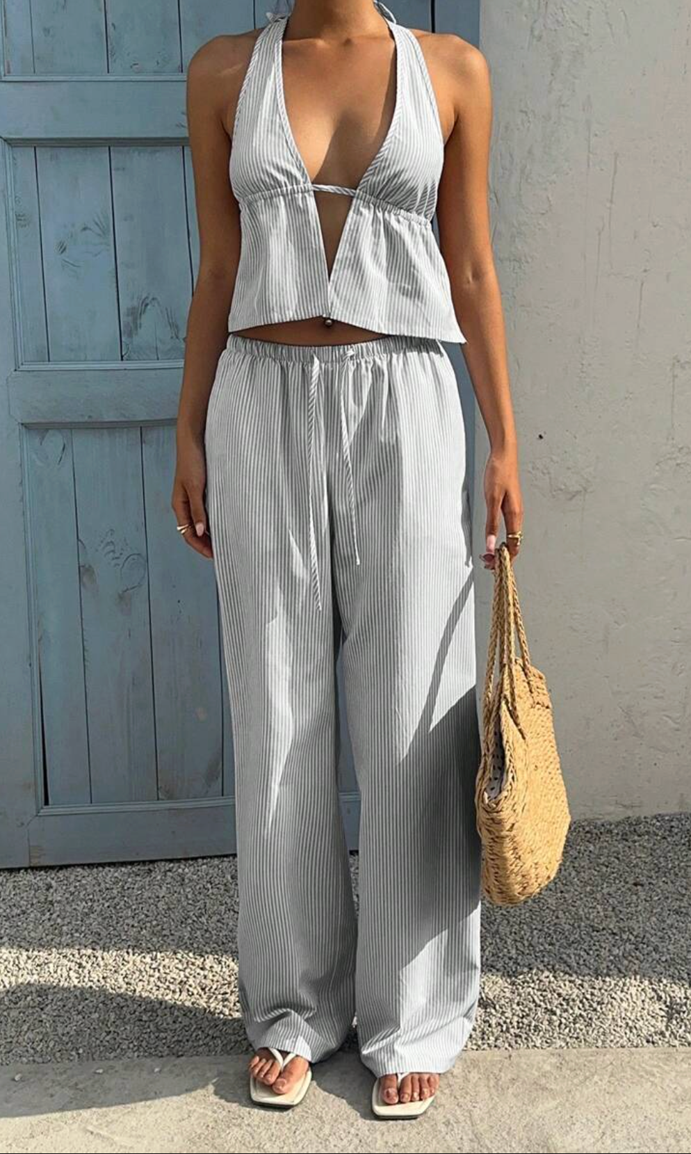 Conjunto Coastal Rayas – Halter y Pantalón Fluido