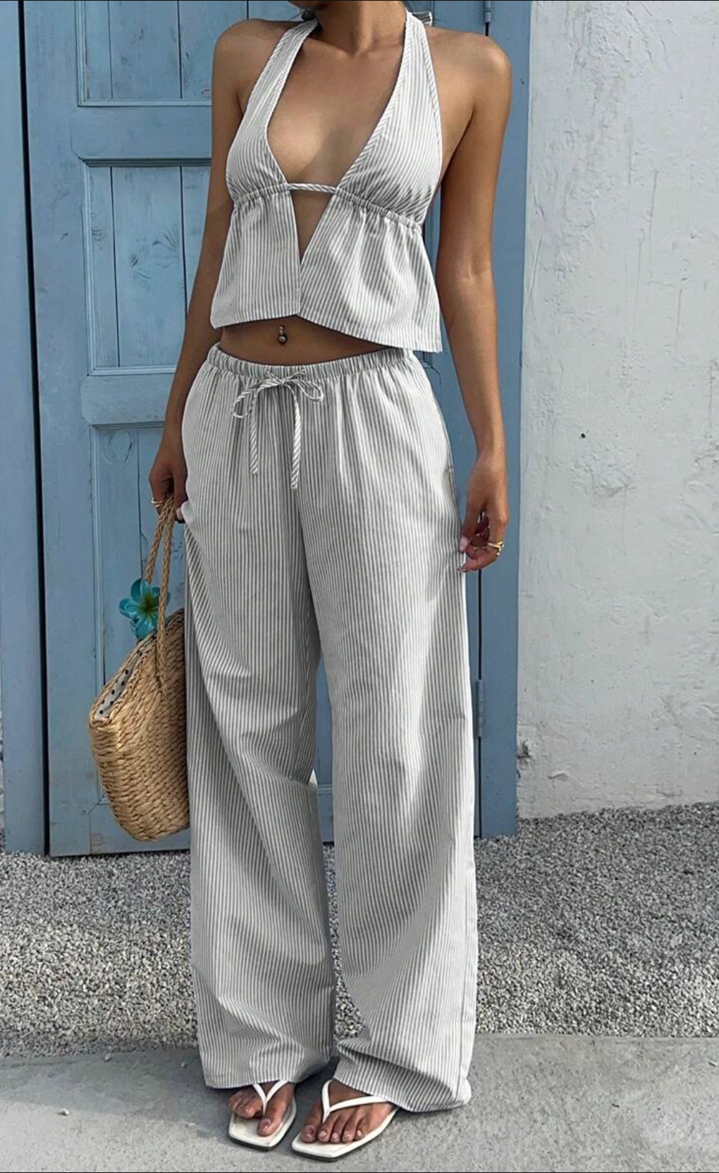 Conjunto Coastal Rayas – Halter y Pantalón Fluido