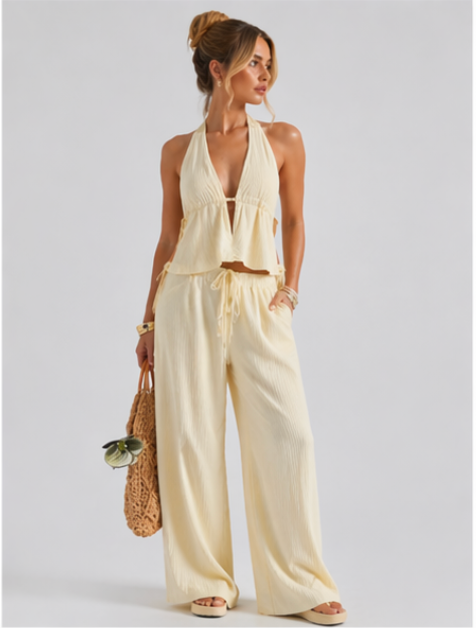 Conjunto Coastal Rayas – Halter y Pantalón Fluido